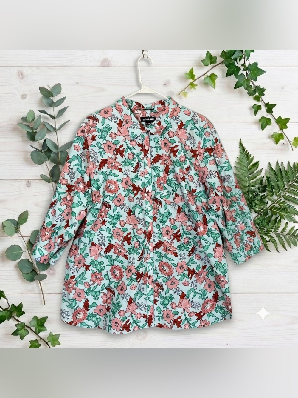 Lands End Floral Tunic Womens 26W Mint Green Pink Cotton Band Collar Blouse 3X